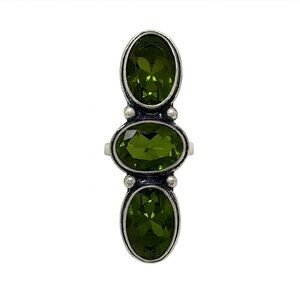 Genuine 3-Stone Peridot 925 Silver Ring - Size 7